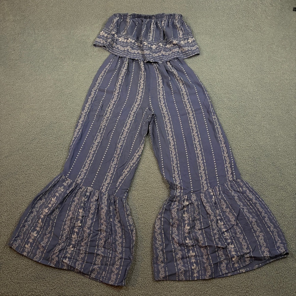 Japna Jumpsuit Womens XS Blue Floral Strapless Smocked Wide Leg Boho Ruffle 8892